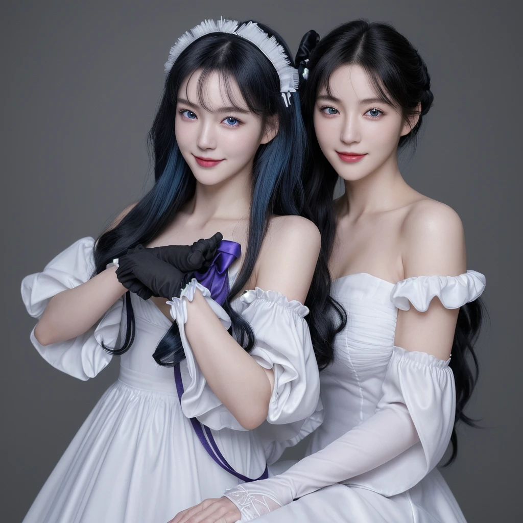 Korean,Realistic, masterpiece, Final details, photo Realistic, Intricate details, Octane Rendering, 8k, One person, Perfect face, Beautiful Face, nswf Japanese, Trough Reference, Hair Details,, black bow, black gloves, Black Legs, blue eyes, Blue Hair, bow, clavicle, dress, Drill Hair, Frills, Frills, gloves, Gwen, headdress, High resolution, Long Hair, Lips parted, Puff sleeves, Purple eyes, smile, alone, white dress, Oilskin,