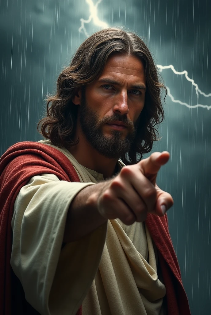 Face of Jesus Christ with a serious face and a fixed gaze pointing his finger forward with a stormy sky in the background