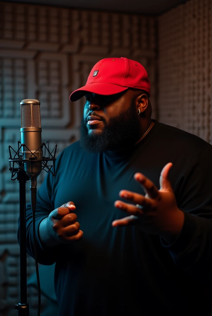 Music recording booth with low light, a very fat man, weighs approximately 160 kilograms, he has a red cap that does not allow him to see his face, he is next to a music recording microphone, back character with his hands in different positions but at medium height