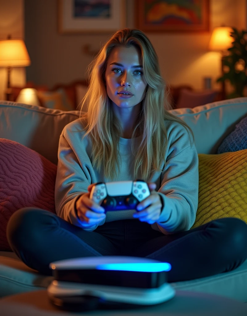 blonde young woman sits on the sofa and plays ps5