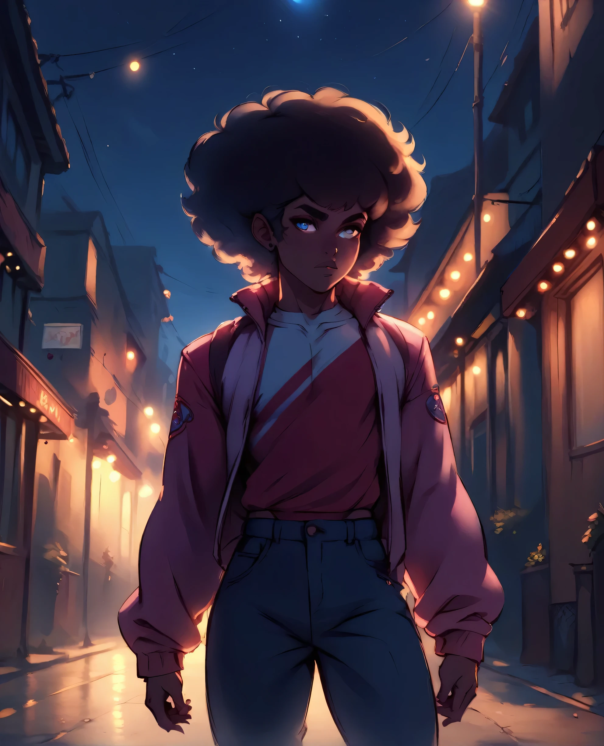 Young Brazilian boy, wearing funk-style clothes, with a pink jacket, in an urban stride, dark lighting, at night