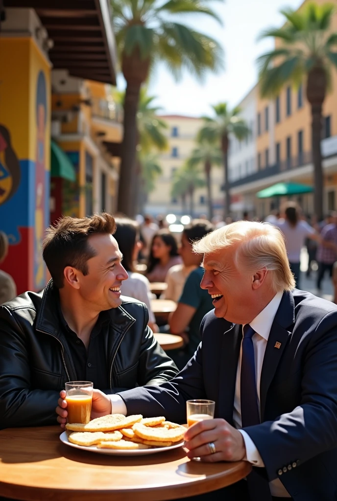 Hello good morning, please I would like to create an image with Elon Musk and Donald Trump eating Venezuelan arepas in a cafe in the Plaza Bolivar in Caracas, Venezuela and make it look as real as possible. thank you so much 