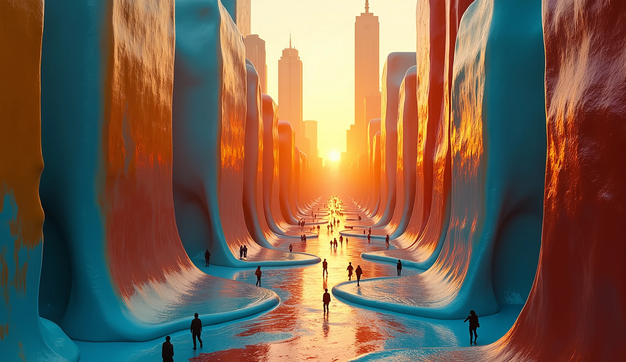 (Abstract surrealist style photo:1.3) of a cityscape where buildings appear to melt like wax, with people walking on streets that flow like rivers, full city view framing, in a modern urban setting, under a golden hour sky, shot from a high angle on a RED digital cinema camera with a soft focus filter, in the style of René Magritte:1.4)