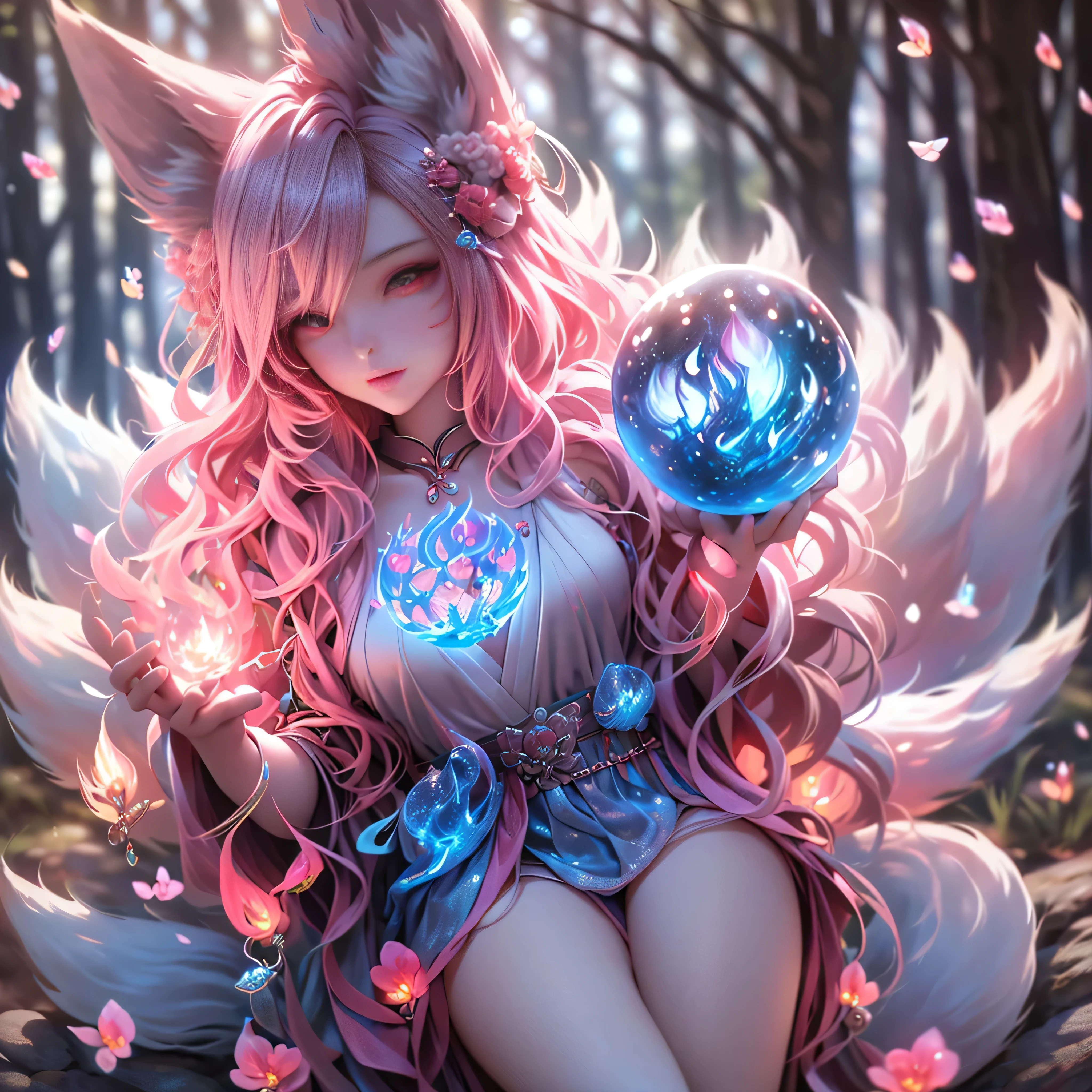 Masterpiece, Extremely detailed,best quality, photorealistic, close distance shot, (A beautiful kitsune woman walking in a rainy forest holding a small ball of blue fire), facing viewer, dynamic pose , fox ears, nine fox tails, traditional Japanese clothing.