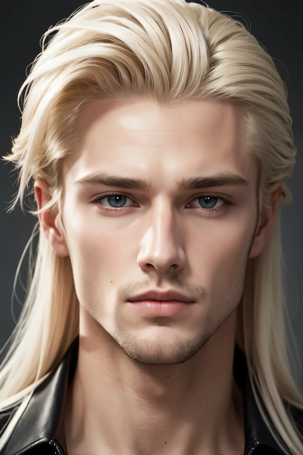 high quality, Detail, handsome man, 25 years old, Hauthell, athletic body, platinum blonde hair, combed back hair, Attractive Face, male model, grauäugig, face Detailed, fleshy lips, symmetrical face, square jaw , man in a black blouse