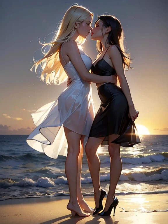 (realistic photo:1.37), Beautiful face profile, Summer sea evening sunset, The sunset is reflected on the sea surface, (Dazzling sunset:1.4, beautiful evening sunset:1.3), 2 womans on the beach, Two beautiful women are about to hug each other's waists and kiss, (Lens Ghosting:1.5, lens flare:1.2, Diamond-shaped lens ghost), (String of saliva:1.2), sensual, (Silky platinum blonde Hair:1.2), (The other one woman ultra Shiny straight black hair:1.3), ((Natural backlighting:1.4)), detalhes faciais, ((one girl wears mini skirt and sheer white Summer clothes, The other woman wears a sheer tulle skirt and Sheer tops)), (medium breasts:0.9), (blushing and making a kissy face:1.2), ((full body view:1.2)), very beautiful face, A well-balanced face profile, blonde girl and Black Hair girl, erotic a look, Highly detailed face, Slightly slimmer body, Realistic Skin, 
BREAK. masterpiece, ultra high resolution, high definition RAW photograph, Highly detailed CG, best quality, 4K, perfect anatomy, perfect proportions, Slightly open shirt, Romantic Landscape, Sparkling sea, Accurate limbs, Back blur, pale blue eyes, Hand details, finger details, erotic body, 