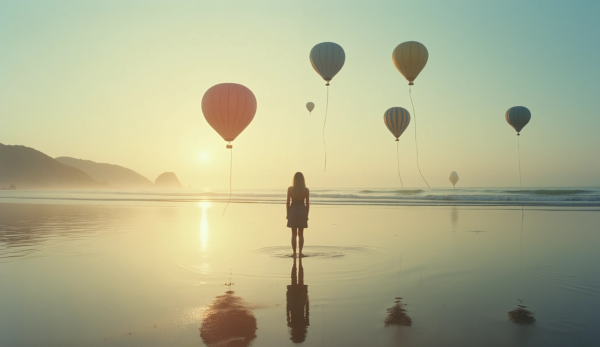(Pictorialist style photo:1.5) of a person standing on a calm shore with framed photographs floating above the water like balloons, upper body framing, in a serene coastal setting, under twilight lighting, shot at eye level on a Hasselblad 500CM with a dreamy haze filter, in the style of Gertrude Käsebier:1.4)