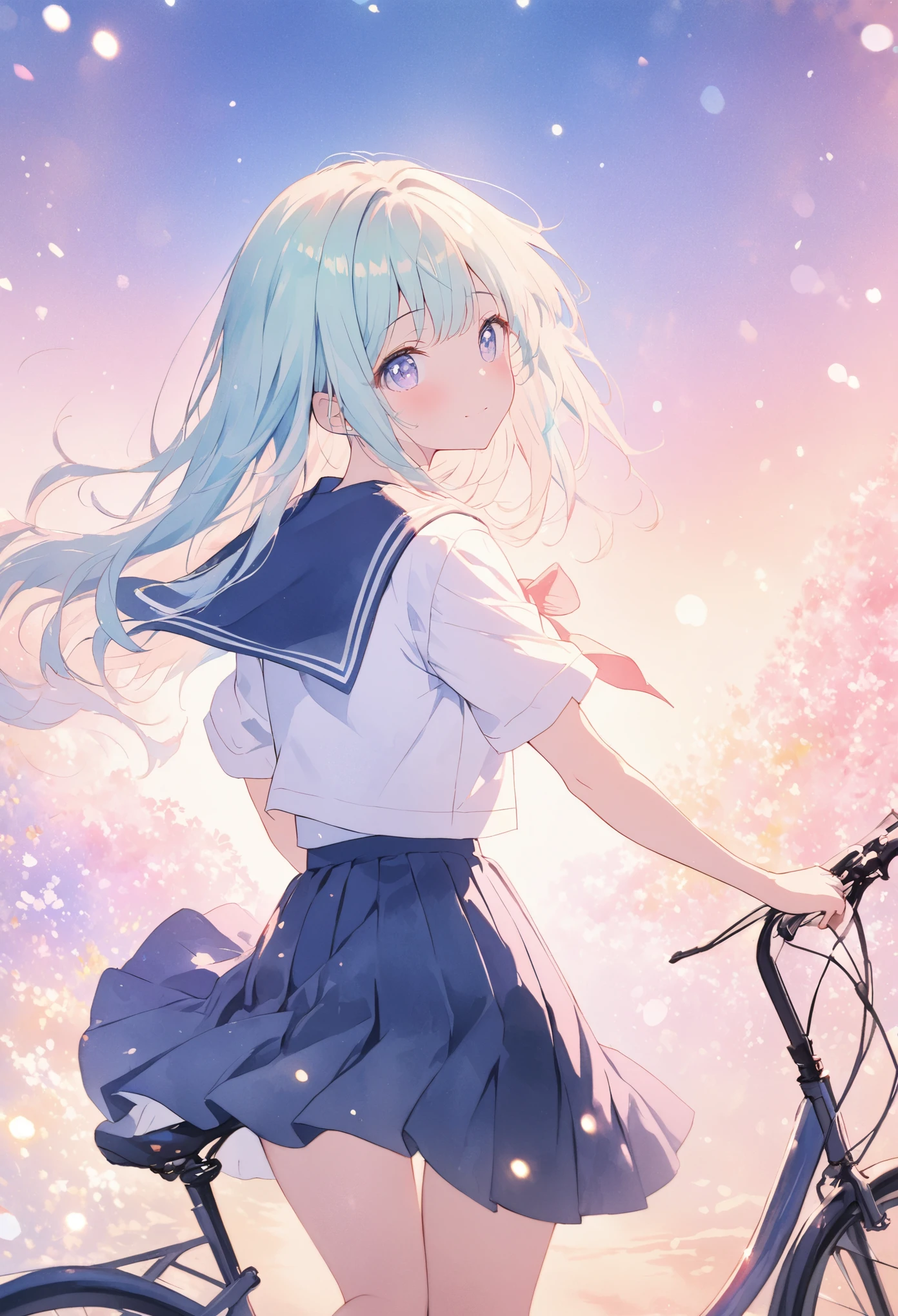 masterpiece, best quality, extremely detailed CG unity 8k wallpaper, Anime illustration of a high school girl riding a bicycle down an amazing downhill slope. She wears a sailor uniform. She is wearing a knee-length skirt. She is riding a bicycle with her legs spread to the sides. Angle seen from the back of the girl. It is painted in pastel colors and has a very emotional atmosphere. Watercolor. bokeh photography, (soft focus):1.2, out-of-focus highlights, dreamy ambiance, glowing circles, mesmerizing depth, depth of field