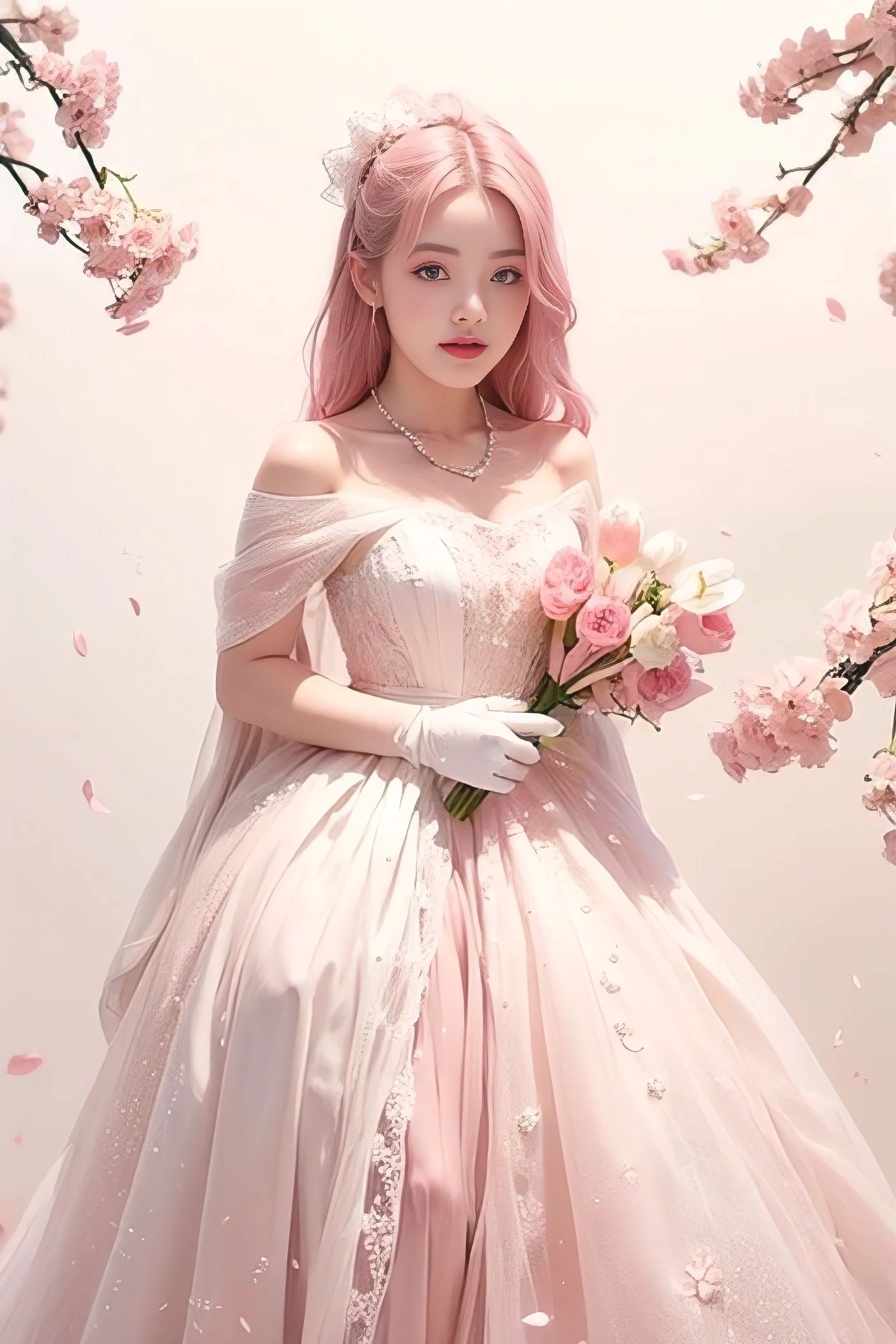 light pink hair, pink eyes, pink and white, cherry blossom leaves, bright colors, white dress, paint splashes, simple background, ray tracing, wavy hair