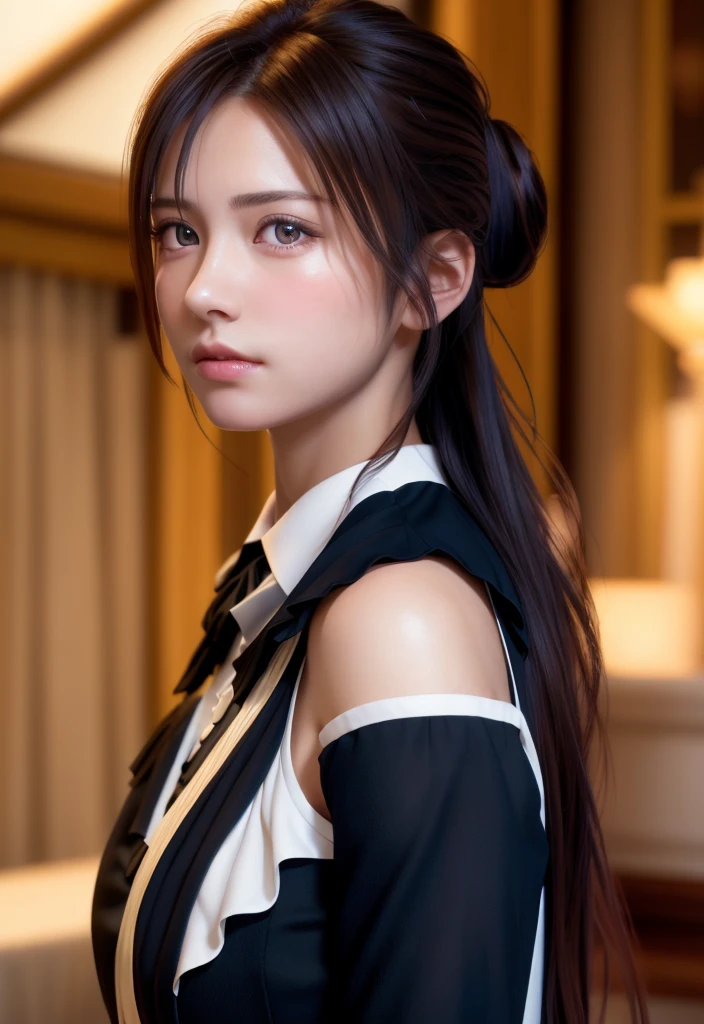 8K, of the highest quality, masutepiece:1.2), (Realistic, Photorealsitic:1.37), of the highest quality, masutepiece, Beautiful young woman, Pensive expression, Thoughtful look, Cute Maid Clothes, Hair tied back, Messy mood, Cinematic background, Tired, Light skin tone
