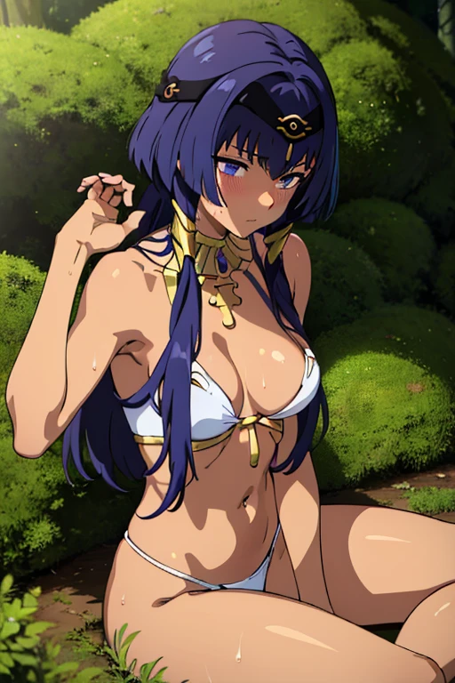 ((best quality)), ((masterpiece)), (detailed), tanned skin anime woman, (bare shoulders), (bare arms), (long hair), starving, (resting hands on the stomach), (hands on the stomach), (slim body), (smooth and oily skin), laying down in the forest floor, tired, sweating, soft blush