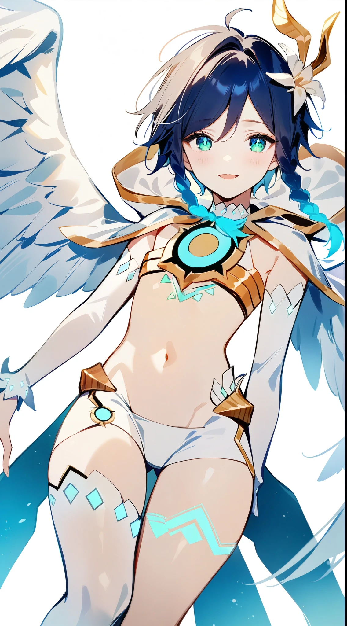 (masterpiece,best quality,4k,8k,absurdres:1.2),agahari,aoi nanase,((illustrated by carnelian)),sharp and clear, wide blue slit pupils, green eyes, perfect face, 1boy, flat chest,venti_\(archon\)_\(genshin_impact\),bare stomach,graceful,(face focus,detailed_eyes),gradient_hair,chest_tattoo,(thigh_tattoo left thigh),flirtatious,seductive,dsmile,large fluffy angel wings,otoko no ko, (white single_thighhigh right thigh),slim,slender,realistic:.25,flying,night sky,white full moon,divine