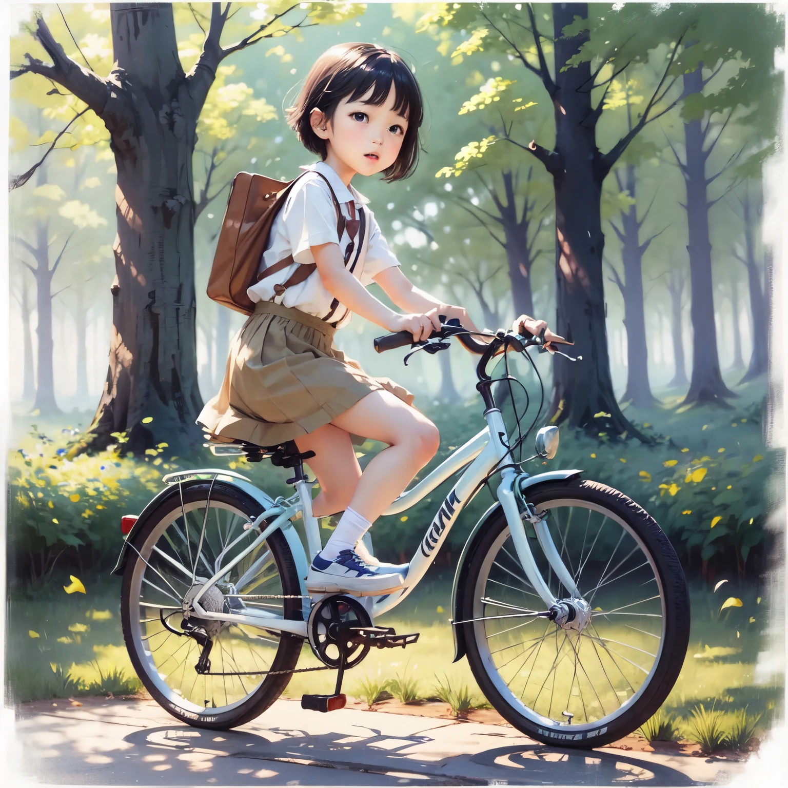 (Highest quality、masterpiece)、(5--old ing a bicycle)、(Helping Dad:1.2)、(Children's bicycles、whole)、(From the side)、(Cute Face)、short hair、White clothes、shoes、(No background)、White Background、Blur the background、(Watercolor of singer Sargent)、Impressionist style painting、