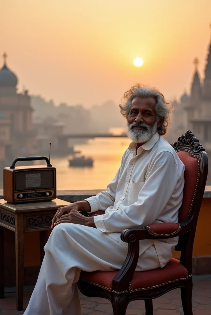 An Indian man of age 50+ sitting on a chair on the roof wearing kurta and pajama with background of Varanasi ghats and in evening time and a radio aside of him on a table
