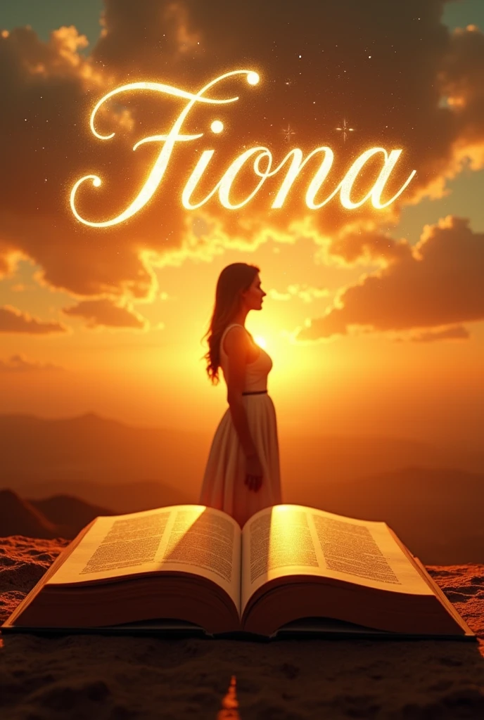 An image of a 1000 page book title fiona ..with a silhouette if a woman against a golden horizon on a sunset.. the name fiona should appear above the woman