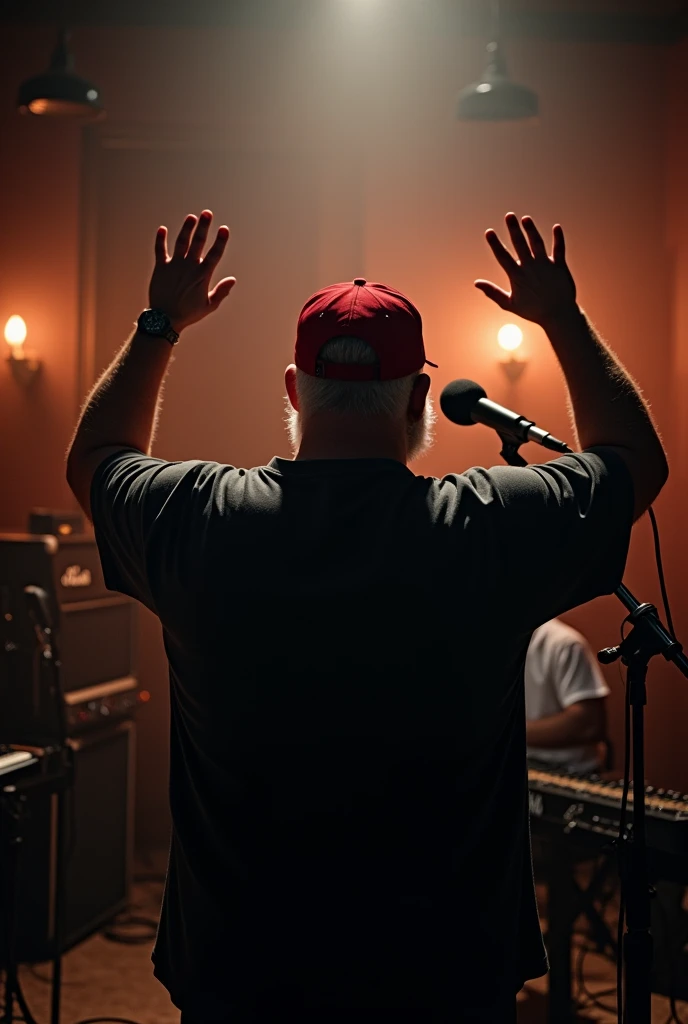 Music recording booth with low light, a very fat white man with a not very long white beard, weighs approximately 160 kilograms, he has a red cap that does not allow him to see his face, he is next to a music recording microphone, back character with his hands in different positions but at medium height, The face of the forgiven one is not visible