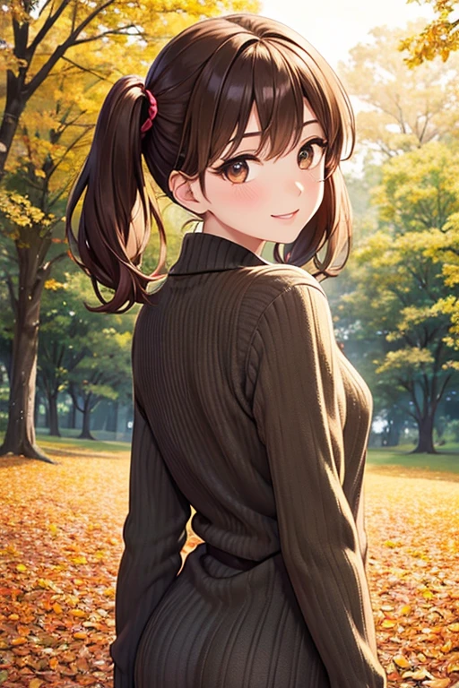 Yumi Fukuzawa、Shiny brown hair,Medium Hair, 、(( , Twin tails、)),Beautiful brown eyes、Sparkling eyes, fine grain、smile、Very fine eye、Very detailed顔, Very detailed目,Cowboy Shot、

(Photorealistic:1.4, 8k), Highest quality, masterpiece, 超High resolution, Perfect dynamic composition,Highest quality, Very detailed, Very delicate and beautiful, High resolution, Very detailedCG, masterpiece,
 
wearing a sweater standing on a grass covered forest area, autumn, autumn leaves,  wood, sweater, Outdoor, View your viewers, One person, Medium Hair, Long sleeve,  Tight waist, , Brown Hair, From behind, Backshot from the ground, Ass close up:1.6
