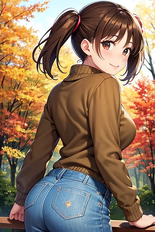 Yumi Fukuzawa、Shiny brown hair,Medium Hair, 、(( , Twin tails、)),Beautiful brown eyes、Sparkling eyes, fine grain、smile、Very fine eye、Very detailed顔, Very detailed目,Cowboy Shot、

(Photorealistic:1.4, 8k), Highest quality, masterpiece, 超High resolution, Perfect dynamic composition,Highest quality, Very detailed, Very delicate and beautiful, High resolution, Very detailedCG, masterpiece,
 
wearing a sweater standing on a grass covered forest area, autumn, autumn leaves,  wood, sweater, Outdoor, View your viewers, One person, Medium Hair, Long sleeve,  Tight waist, , Brown Hair, From behind, Backshot from the ground, Ass close up:1.6
