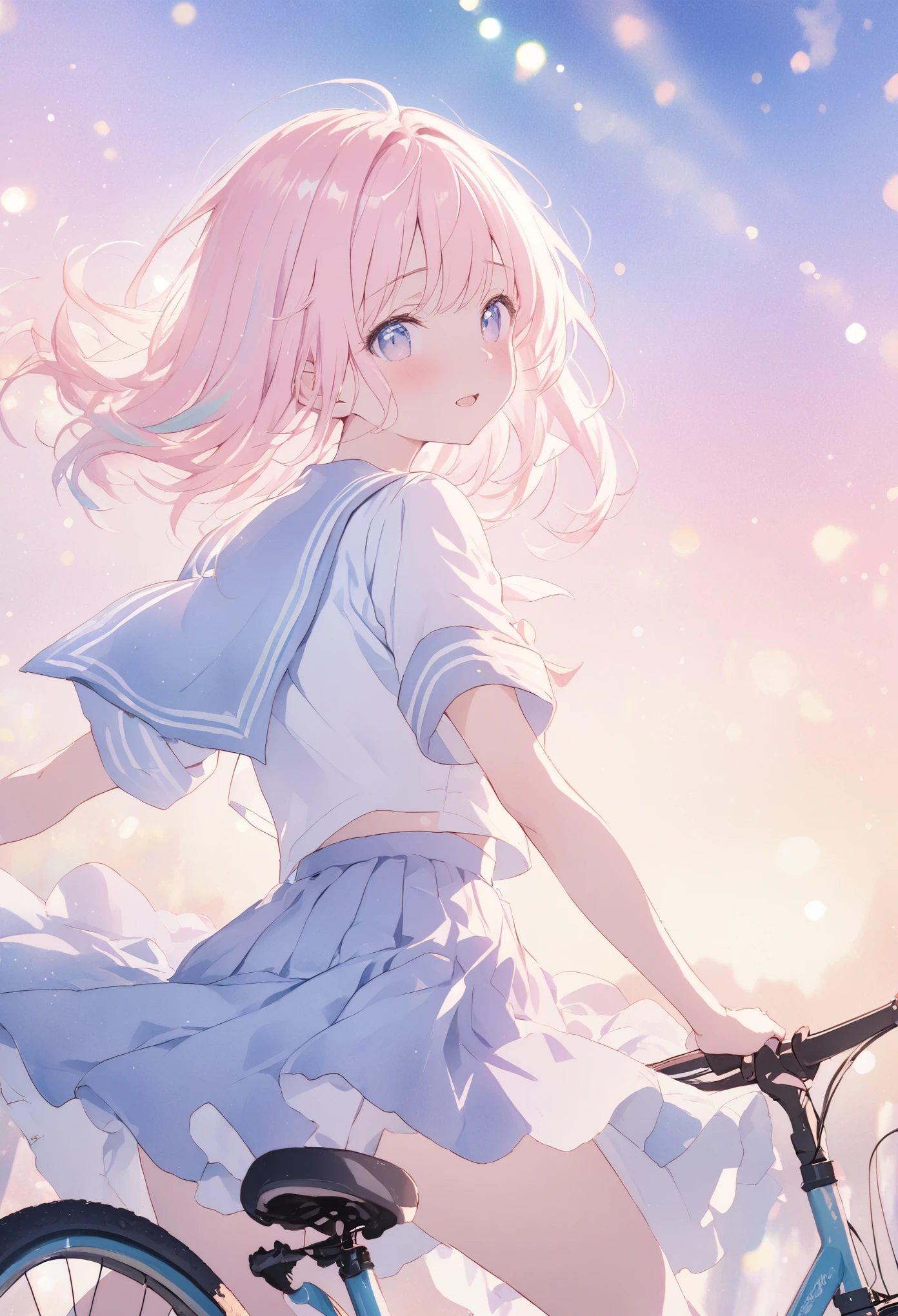 masterpiece, best quality, extremely detailed CG unity 8k wallpaper, Anime illustration of a high school girl riding a bicycle down an amazing downhill slope. She wears a sailor uniform. She is wearing a knee-length skirt. She is riding a bicycle with her legs spread to the sides. Angle seen from the back of the girl. It is painted in pastel colors and has a very emotional atmosphere. Watercolor. bokeh photography, (soft focus):1.2, out-of-focus highlights, dreamy ambiance, glowing circles, mesmerizing depth, depth of field