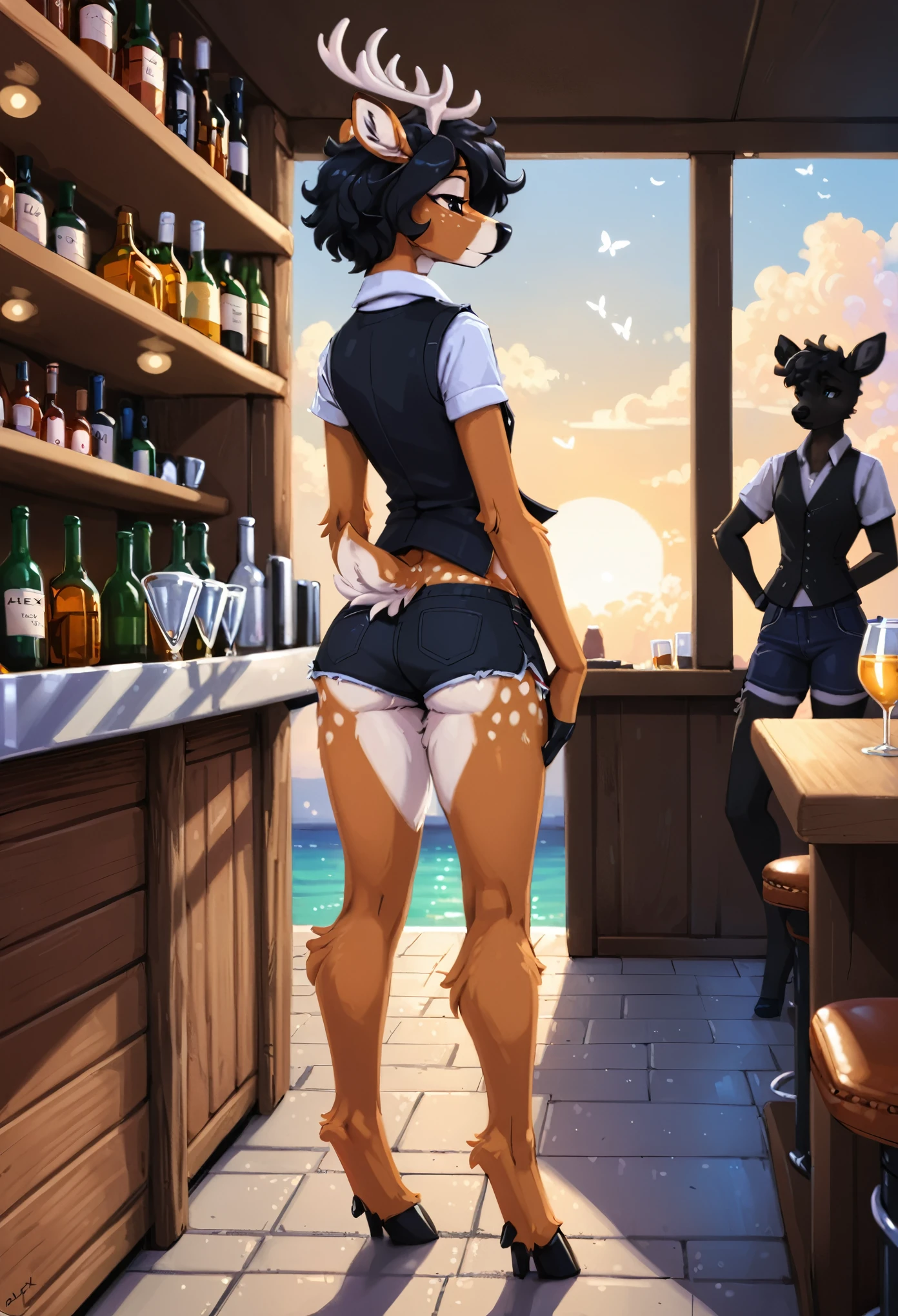 back view, best quality,  full body portrait, wide shot, 

(fluffy deer boy:1.4), feminine face and body, disheveled thick hair, Bartender's clothes, short shorts, shirt, vest, black butterfly, Sleepy view, bags under the eyes, femboy, small waist, wide hips, slim, perfect body, style 'DND'

[by Alex Timmermans:by jaynaylor:0.25],
detailed background, detailed foreground, depth of field, ambient silhouette, backlighting,

