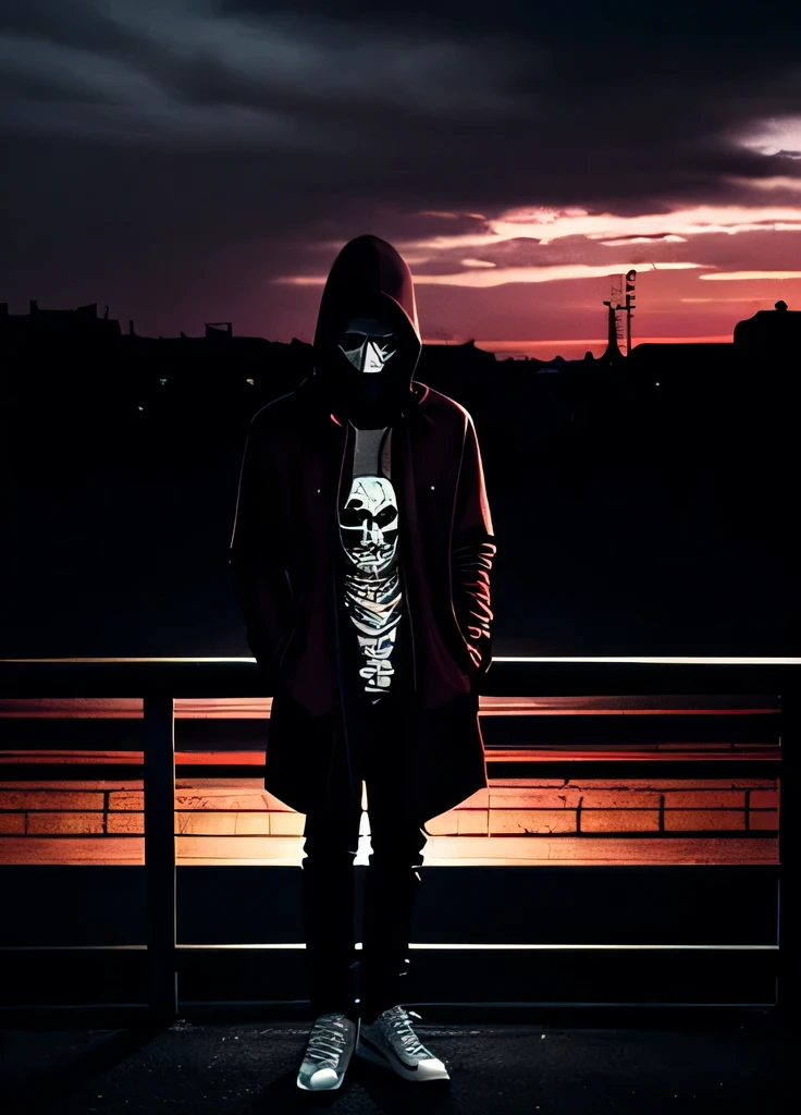 ((work of art, best qualityer, illustration)), Chaos Theme, horror themed, A young man, mask, skull, Head equipment, clothes with a periphery style, skeleton print, pink jaket, standing alone, citys, cloudy sky, at night, dark lighting.