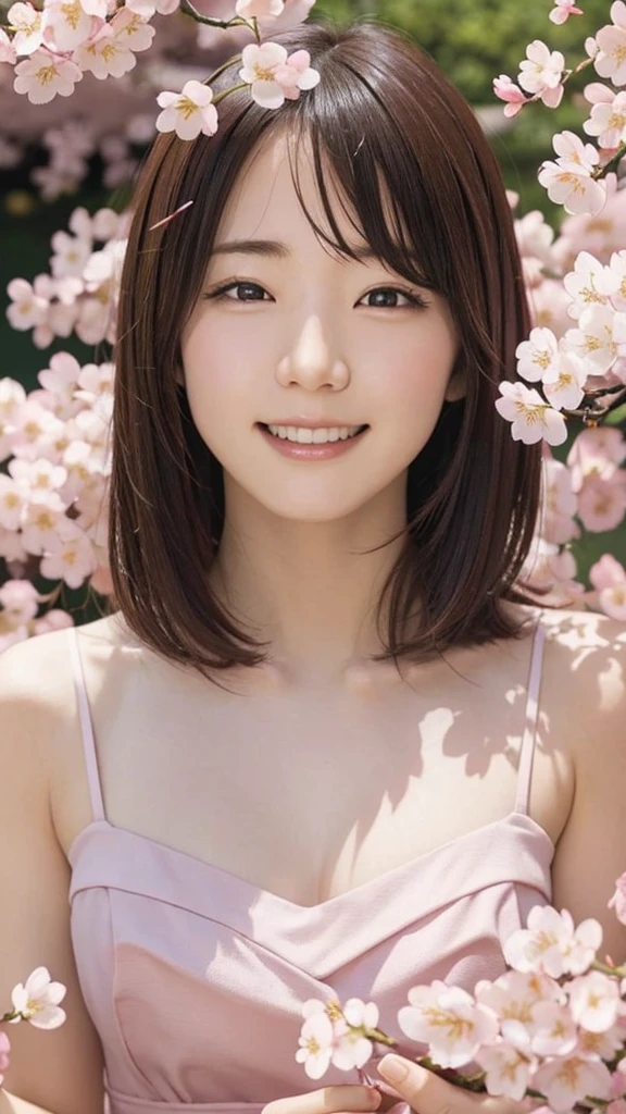 masterpiece、Realistic、Full body portrait、Beautiful Face、Your smile is cute、Sharp focus、young woman、20th Generation、8K Post-Production、High resolution、Very detailedな、Intricate details、Very detailed、Pure Form、8k resolution、The head is round and beautiful、Small Nose、Big and ample breasts、(((Cherry blossom lined path)))、(((Scattered cherry blossom petals)))