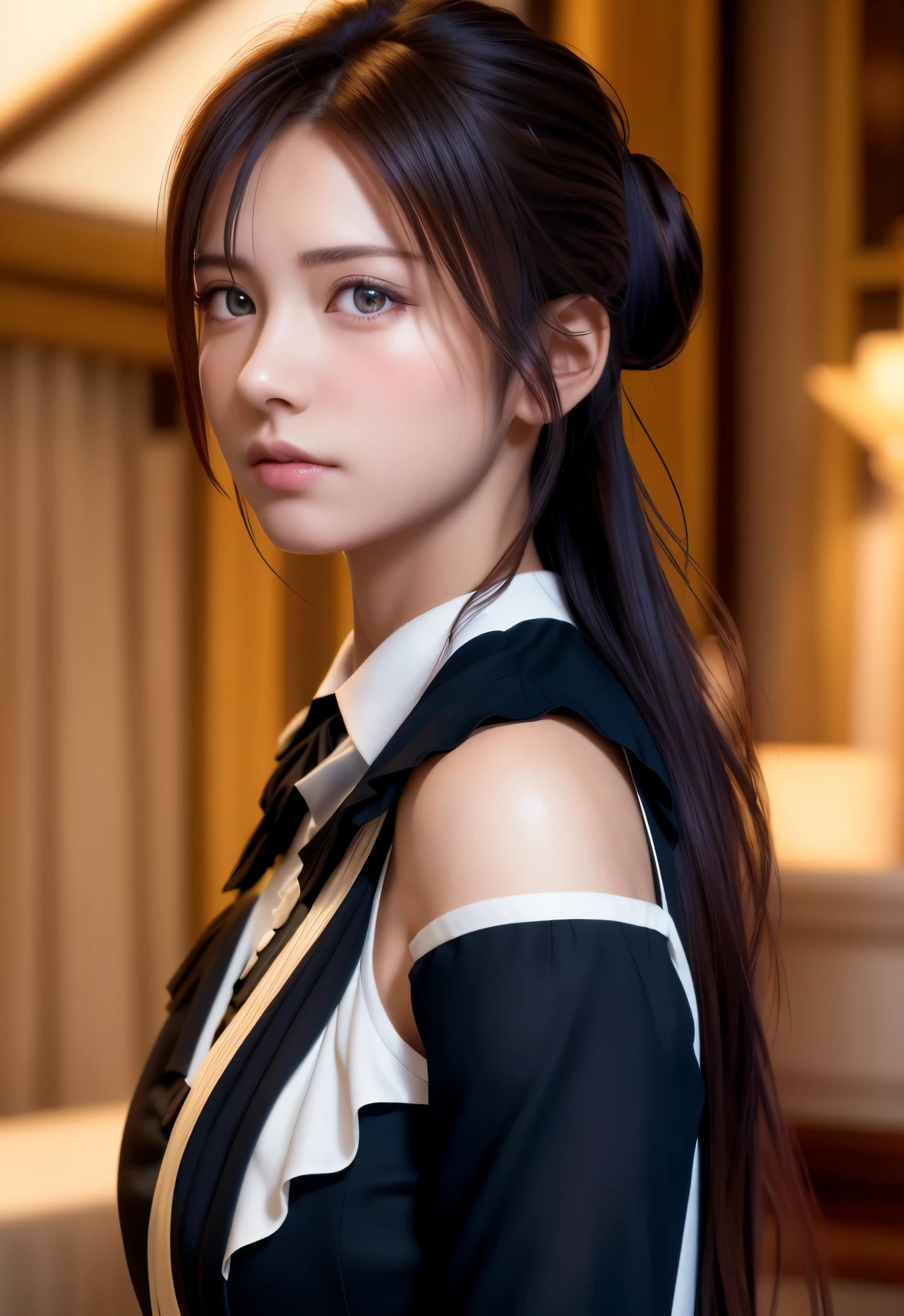 8K, of the highest quality, masutepiece:1.2), (Realistic, Photorealsitic:1.37), of the highest quality, masutepiece, Beautiful young woman, Pensive expression, Thoughtful look, Cute Maid Clothes, Hair tied back, Messy mood, Cinematic background, Tired, Light skin tone
