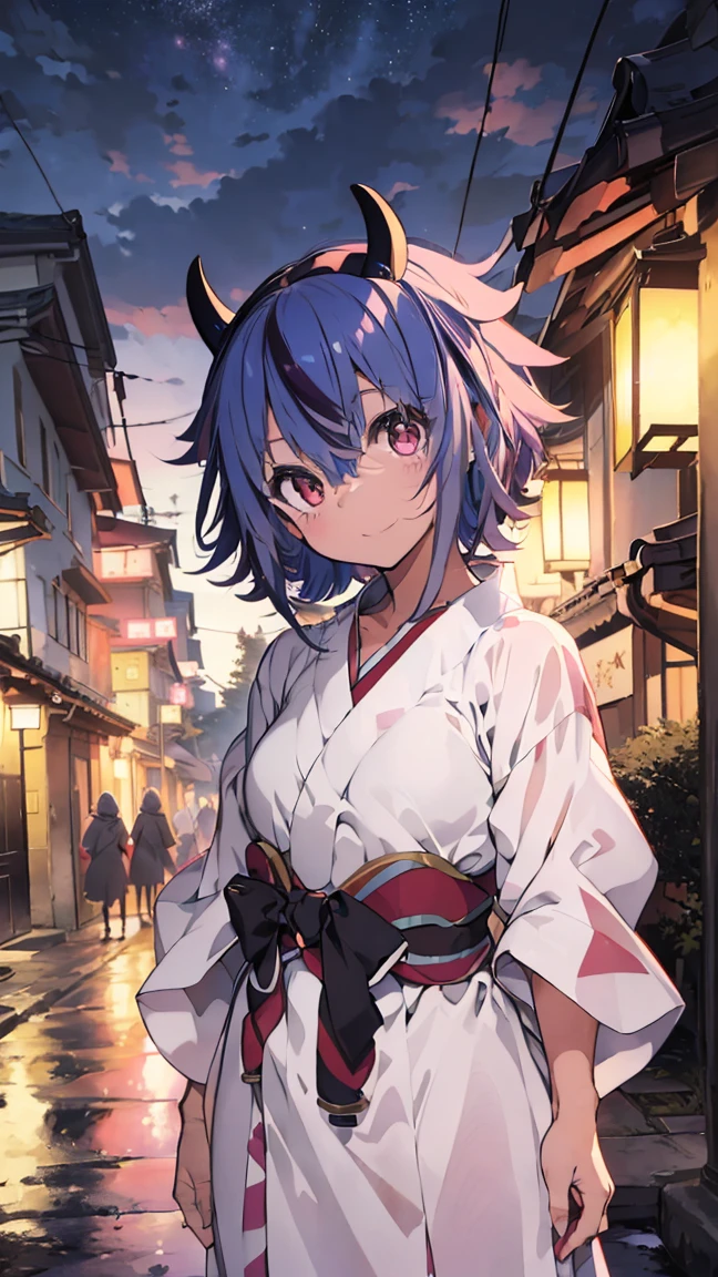 (masterpiece, best quality:1.2), 1 girl, 18 years, kimono, blue bob hair, demon horn, (sadness, tear drops:1.2), from side, (in the grave, Japanese style tombstone), at night, falling rain