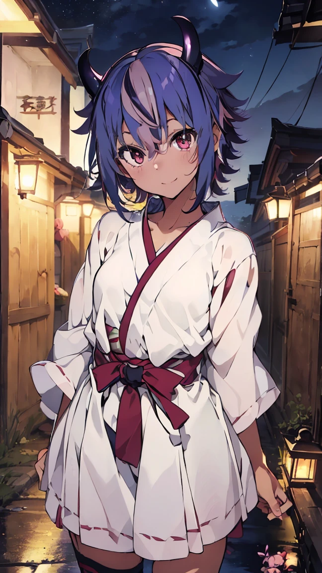 masterpiece, Highest quality, High resolution, Very detailed,(((Mikoto Naruka))), (((smile)))、(((Standing in the distance))), (((yukata))), (((alley))), (((Lantern))), (((night))), (((Multicolored Hair))), (((horn))), (((Pink Eyes)))