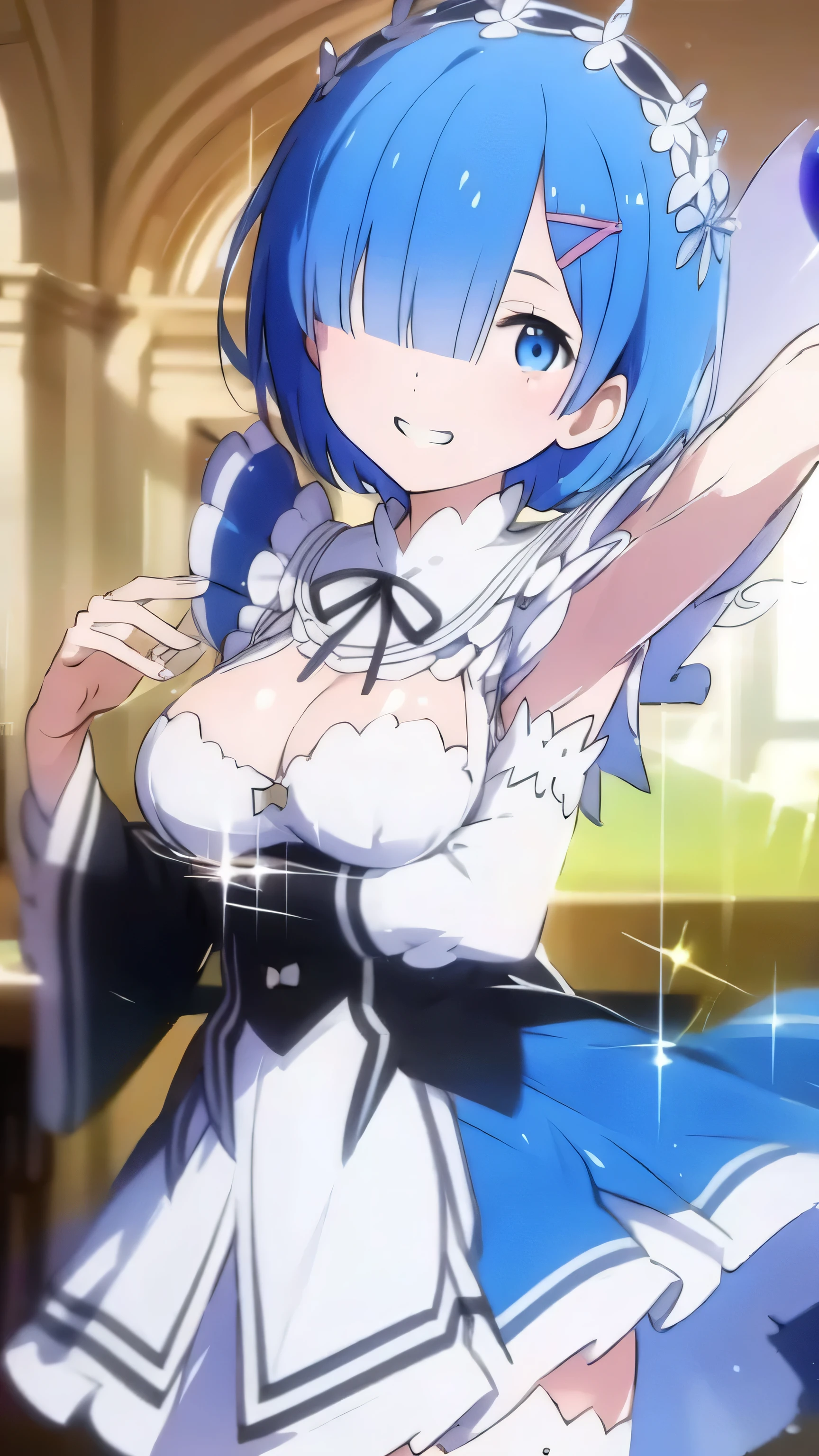 (8k、Best image quality、Highest quality、masterpiece)、Detailed face、((One ))、Blue Hair、Bobcut、Blunt bangs、shiny bright blue eyes、Wicked Smile、((Grin))、((Big Breasts、Big cleavage))、Navy blue blazer and white shirt、((Schoolgirl skirt))、Black Pantyhose、Cowboy Shot、salute、Classroom Background、(Someone knowledgeable、Glowing Skin、Oily skin)、Written background、Background Blur、