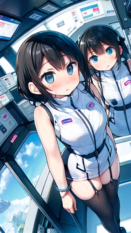 (Highest quality), (masterpiece), 1080P, High resolution, 4K, 8k, Inside the space station、Futuristic room、Thigh straps, Shooting from directly below, The woman on top of me, 白いSweat, Covered , Sweat, Woman looking down, Skirt swimsuit, Thigh-high socks, To achieve this, , , whole body, Black leather shoes, Braided hair, Inner Color, Embarrassed face, Short black hair, bracelet, Bedroom,celestial body_Vest