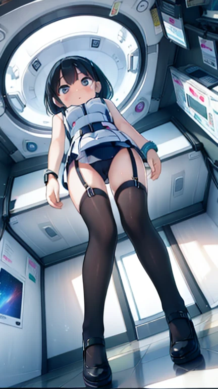 (Highest quality), (masterpiece), 1080P, High resolution, 4K, 8k, Inside the space station、Futuristic room、Thigh straps, Shooting from directly below, The woman on top of me, 白いSweat, Covered , Sweat, Woman looking down, Skirt swimsuit, Thigh-high socks, To achieve this, , , whole body, Black leather shoes, Braided hair, Inner Color, Embarrassed face, Short black hair, bracelet, Bedroom,celestial body_Vest