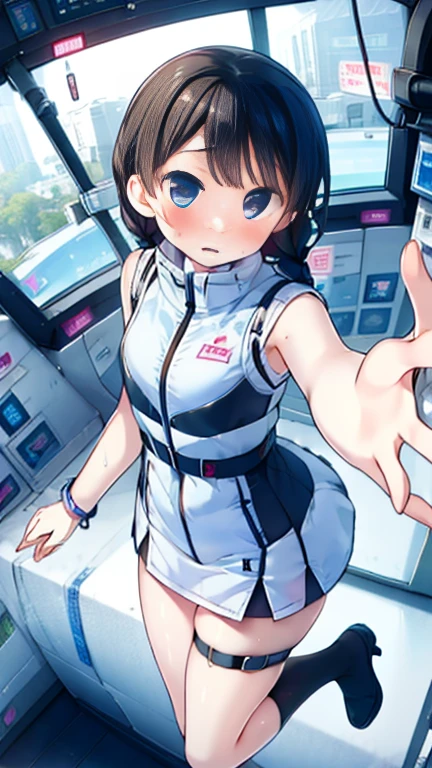 (Highest quality), (masterpiece), 1080P, High resolution, 4K, 8k, Inside the space station、Futuristic room、Thigh straps, Shooting from directly below, The woman on top of me, 白いSweat, Covered , Sweat, Woman looking down, Skirt swimsuit, Thigh-high socks, To achieve this, , , whole body, Black leather shoes, Braided hair, Inner Color, Embarrassed face, Short black hair, bracelet, Bedroom,celestial body_Vest
