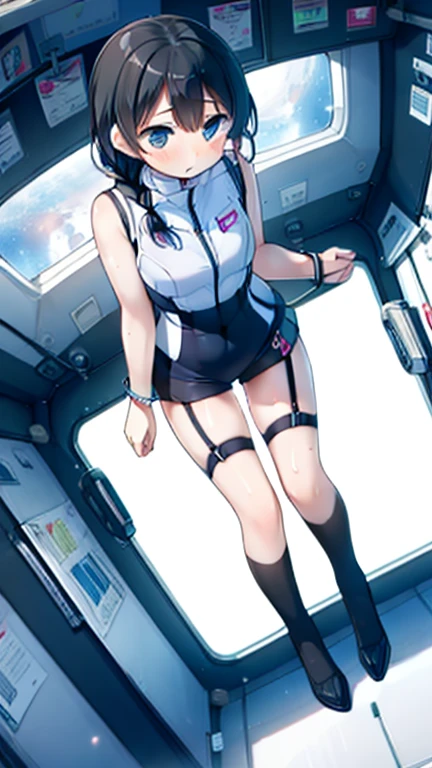 (Highest quality), (masterpiece), 1080P, High resolution, 4K, 8k, Inside the space station、Futuristic room、Thigh straps, Shooting from directly below, The woman on top of me, 白いSweat, Covered , Sweat, Woman looking down, Skirt swimsuit, Thigh-high socks, To achieve this, , , whole body, Black leather shoes, Braided hair, Inner Color, Embarrassed face, Short black hair, bracelet, Bedroom,celestial body_Vest
