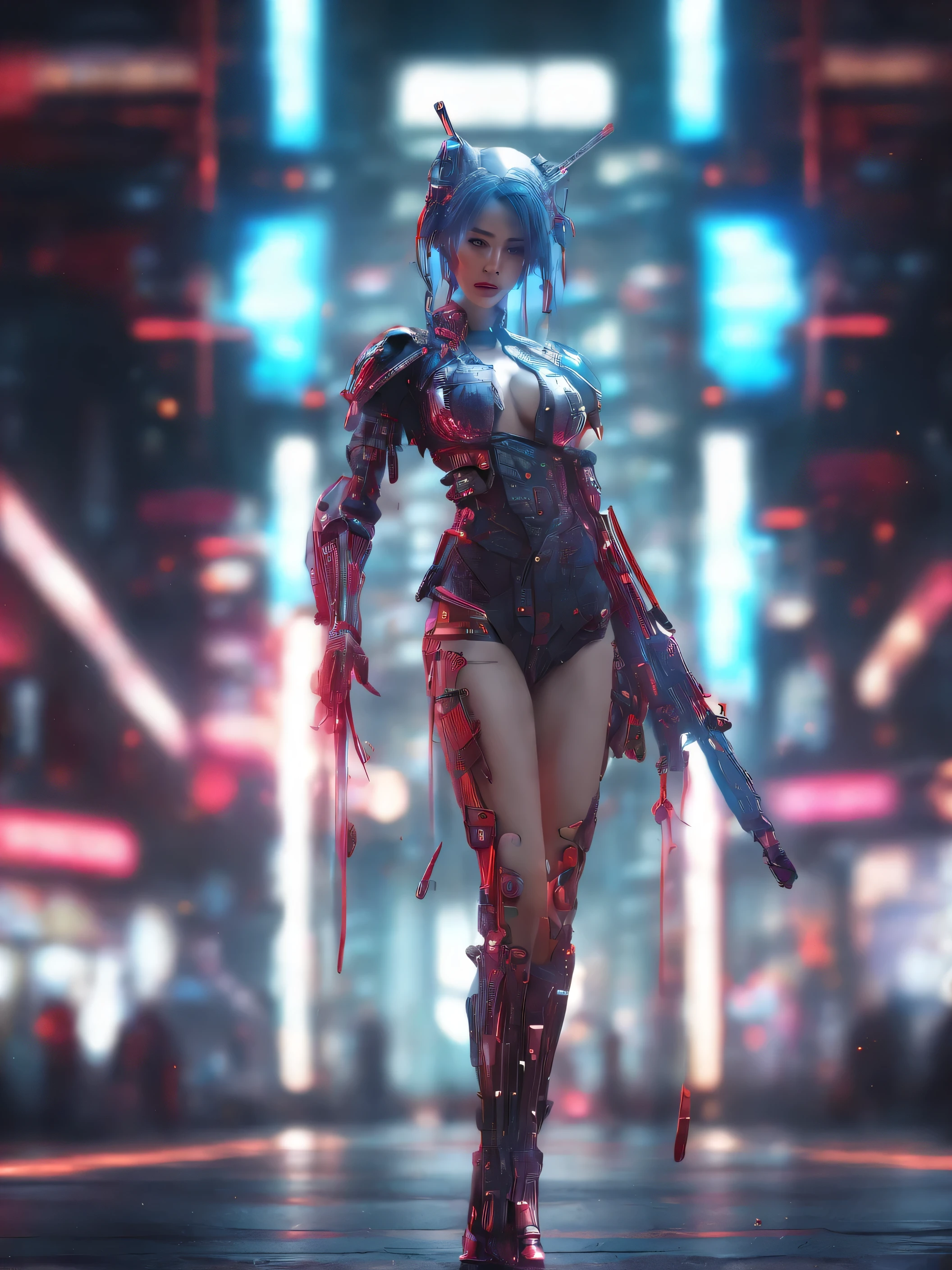 beautiful female samurai robot, white porcelain body, chrome strips, intricate iron and wire structures, long red robe, elegant hairstyle, large shining sword, warm lantern lighting, intricate iron and ceramic structure pillars, mysterious and intriguing atmosphere, (best quality,4k,8k,highres,masterpiece:1.2),ultra-detailed,(realistic,photorealistic,photo-realistic:1.37),HDR,UHD,studio lighting,ultra-fine painting,sharp focus,physically-based rendering,extreme detail description,professional,vivid colors,bokeh,concept art