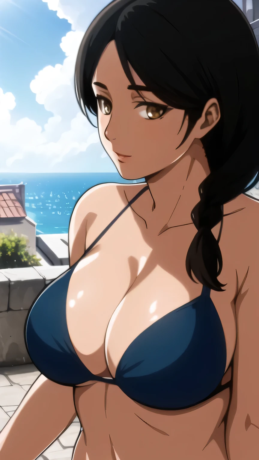 (day:1.7), a city with a lot of buildings and a sky background with clouds in the background and a blue sky, architecture, Standing at attention, at the roof, deep cleavage, collarbone, ((wearring Black Bikini)),bare shoulders, black Hair, brown eyes, Bangs, single braid, 1 girl, 20yo,Young female,Beautiful Finger,Beautiful long legs,Beautiful body,Beautiful Nose,Beautiful character design, perfect eyes, perfect face,expressive eyes, looking at viewer, in the center of the image,(Upper_body),(close-Up),(Focus on her face), official art,extremely detailed CG unity 8k wallpaper, perfect lighting,Colorful, Bright_Front_face_Lighting,shiny skin, (masterpiece:1.0),(best_quality:1.0), ultra high res,4K,ultra-detailed, photography, 8K, HDR, highres, absurdres:1.2, Kodak portra 400, film grain, blurry background, bokeh:1.2, lens flare, (vibrant_color:1.2) (Beautiful,large_Breasts:1.4), (beautiful_face:1.5),(narrow_waist),((Front View))), Looking at viewer 