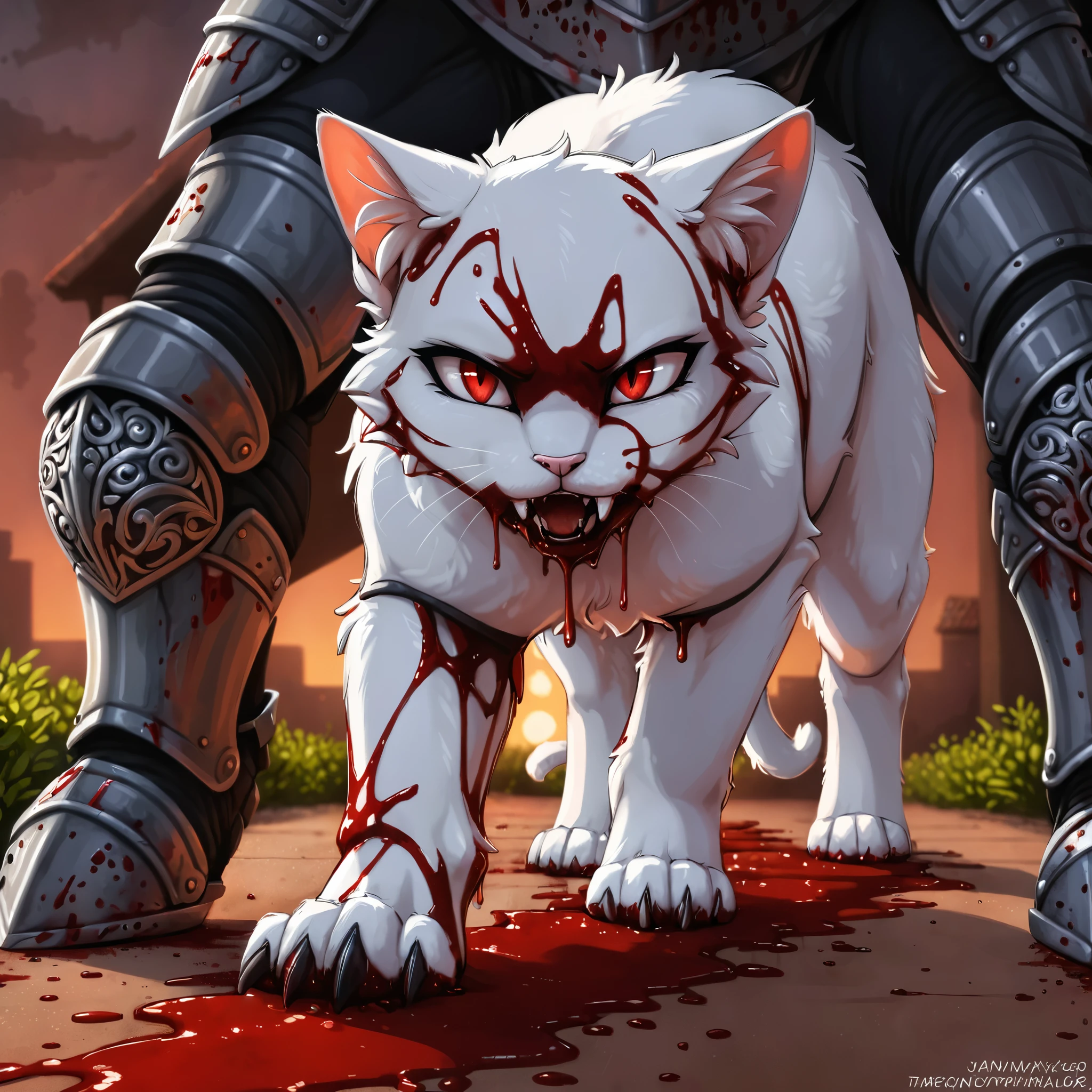 back view, best quality,  full body portrait, wide shot, 

Vicious white cat，Dark red eyes，Extreme body detail close-up,White fangs,Sharp claws，Lie on the ground，blood-stained armor,The armor is tattered,Blood dripping,Blood dripped from the corners of the mouth,True blood,Full body like,Prepare to pounce

[by Alex Timmermans:by jaynaylor:0.25],
detailed background, detailed foreground, depth of field, ambient silhouette, backlighting,

