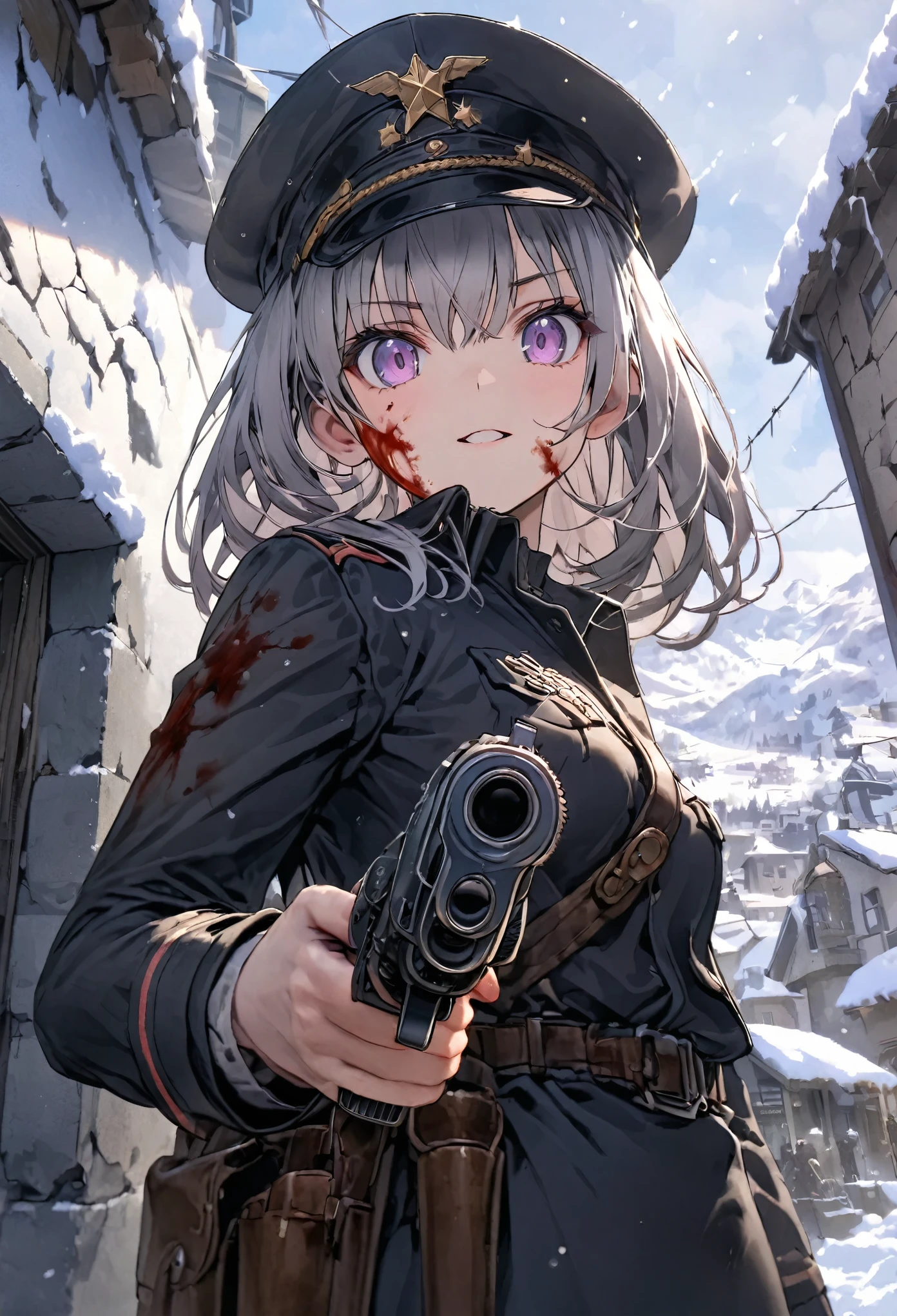 Cowboy Shot，beauty，8k,two，Detailed purple eyes，military cap，Black military uniform，A town covered in snow，She has a gun，Gray Hair，Blood splatter on the face，Hide behind the wall，View from below