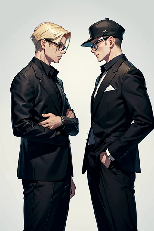 (profile pic)two men walking side by side, one blonde and shorter, the other with glasses, taller and with black hair;friends with a brave face,(gangster style) 