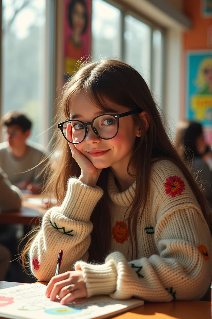 A nerdy girl inside the cafeteria with her face all flushed wearing glasses and a wedding ring.
