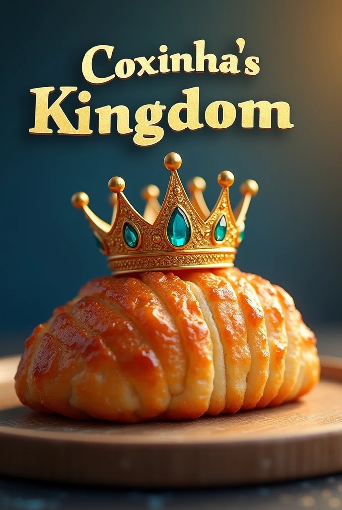 Create a realistic logo with the text 'coxinha's kingdom' and a crown over the coxinha pastry. 