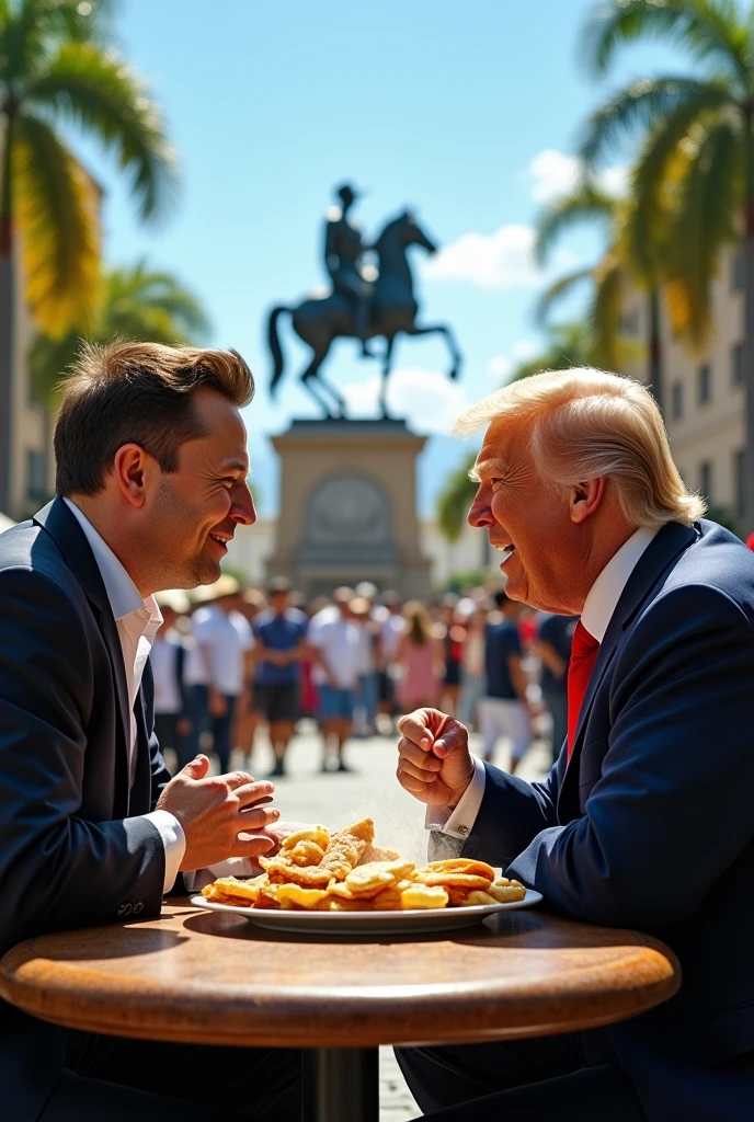 Hello good morning, please I would like to create an image with Elon Musk and Donald Trump eating Venezuelan arepas in a cafe in Plaza Bolivar in Caracas, Venezuela, with the square and the statue of Simon Bolivar on horseback in the background and that it looks as real as possible. thank you so much 