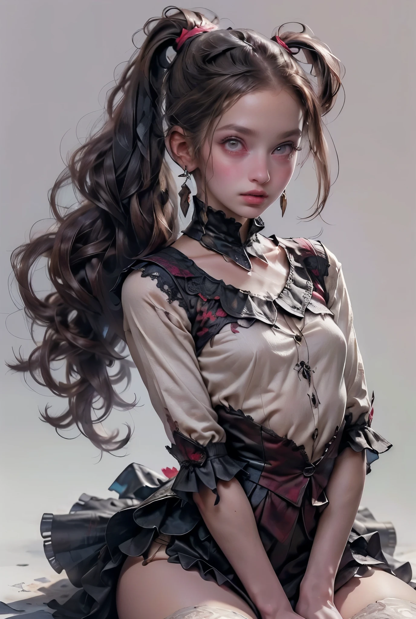(((masterpiece, of the highest quality, super detailed))), hand drawn style, hand painted style, watercolour, sketch, a knight, white background, plain background, Bloodborne inspired, tatty Bloodborne attire, occult aesthetic, occult, tatty red and white clothing detailed and intricate steampunk and detailed gothic ta (with a hood), long coat, very thin long legs, Complex laced boots, Fluttering lace flared long knee length dress with frilly petticoats, long dress, knee length dress, petticoats gothic loliesthetic, beautiful small breasts, (((( Highly detailed face))), small thin nose, Small thin lips mouth, (((Very sharp focused eyes))), Very large slit precision pale grey eyes that shine like jewels. ((dark hair)), ((long ponytail, thick ponytail, heavy ponytail)), very long eyelashes, white background, Very dramatic and cinematic lighting, tatty damaged old red and white clothing, full body, whole body, body, cosmic horror, grim dark