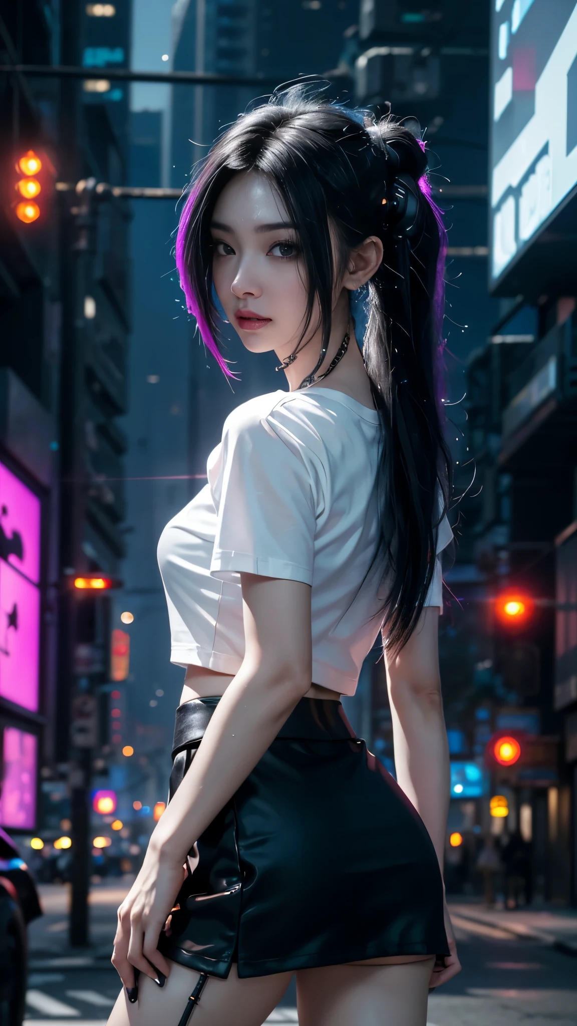8k, UHD, masterpiece, 1 girl, ((good face)), very long hair, light makeup, (white skin:1.2), detailed eyes, small bust, simple cyberpunk clothing, ((black t-shirt)), ((mini skirt)), (cyberpunk lighting:1.4), (building roadside), light effect, light reflection, ((spreading lights)), cyberpunk, cybercity, futuristic, (night), ray tracing, bloom, perfect pose,