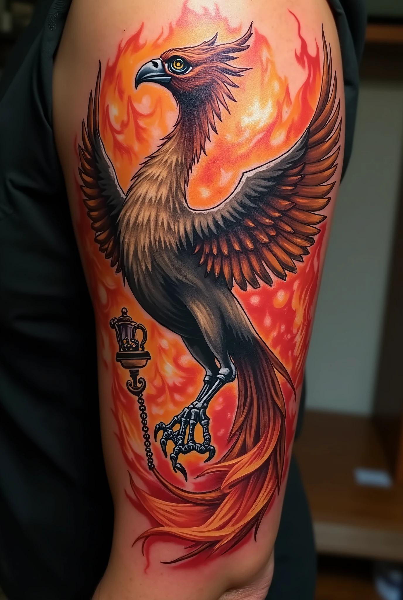 

It's supposed to be a phoenix, the wings come over the shoulder to the front. 

I have to say this tattoo is for my deceased dad. He was a huge Iron Maiden fan. 

In the ashes I want to see Eddy the Head, the band's mascot, and my dad..  It's hard to write. 

Eddy has an hourglass on a chain in his hand.