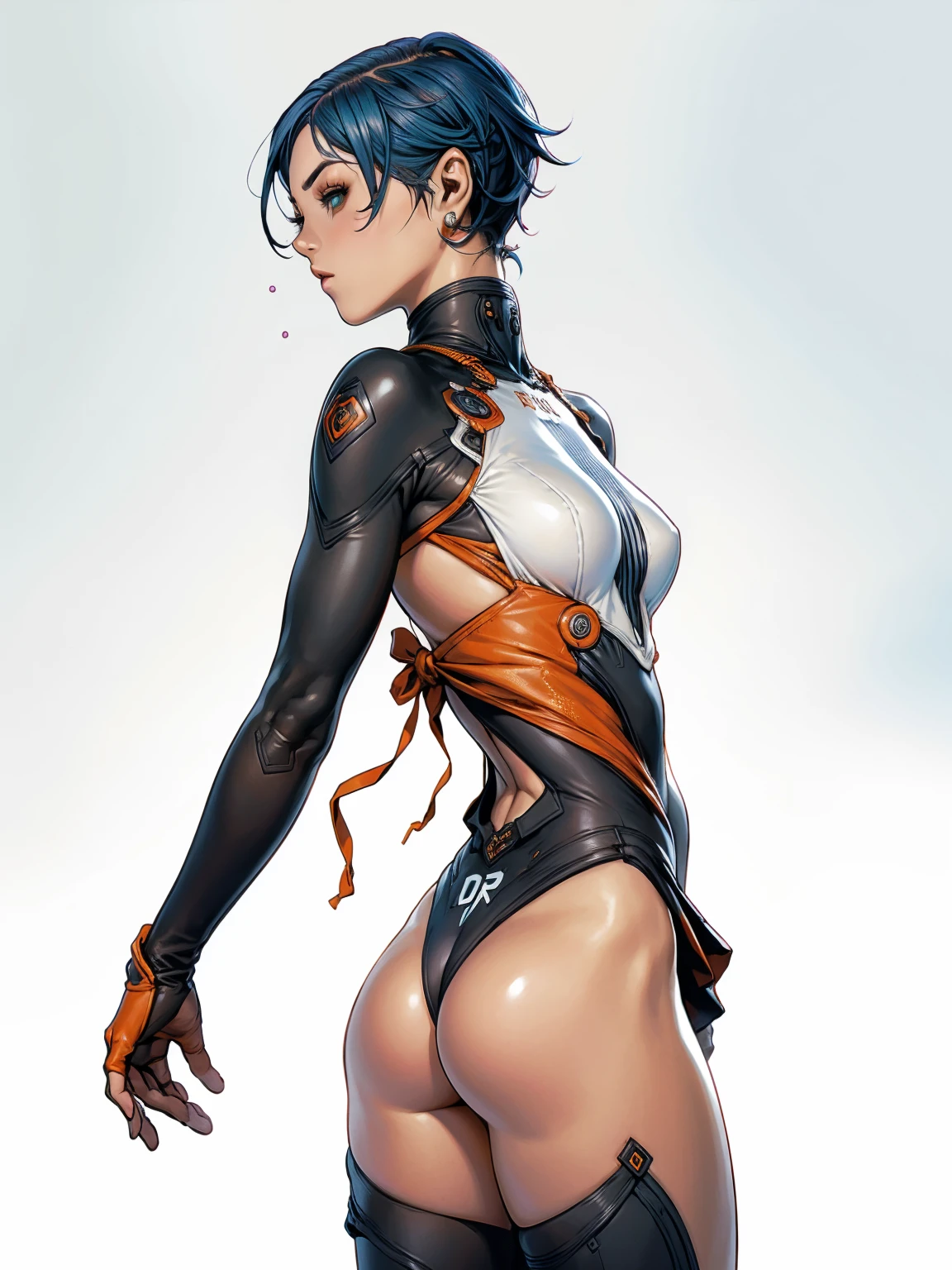 (((standing backwards))), (((Belle))), (((back view))), (((perfect ass))), (((modern SUIT))), ((Zenless Zone Zero)), ((( urban suit ))), (((blue short haircut with red))), (((gorgeous girl))), ((high collar)), (((color suit))), (((best qualityer: 1.4))), (Unbeatable masterpiece), (hiper HD),(CG 8k hyper-realistic), (((brave face))), (((breasts big))), (((hyper feminine))), sexly girl, ((( sculptural body ))), (((1 Kizi))), Kizi cibernética de 25 anos com perfectbody,,Beautiful and well-groomed face,muscular body:1.2,solid color detailed jacket, (Head to thigh photos), Complex equipment, green dark,Long pants,Tight clothes are dark,With white stars and off-white stripes,,,,,Armor Metal Electronic Parts, Poison tattoos ) INFO, Kizi, (((standing alone))), pirralha violent, ((())), sexly, pose de atitude, work of art, post-apocalypse, (((manga style))), bounty hunter, violent, Manic, the way you want, slenderbody, thin but strong, perfectbody, roupa moderna, advanced technology, neon, sleeves with vertical striped pattern, neutral background, (( cowboy shot )). intricate visual
