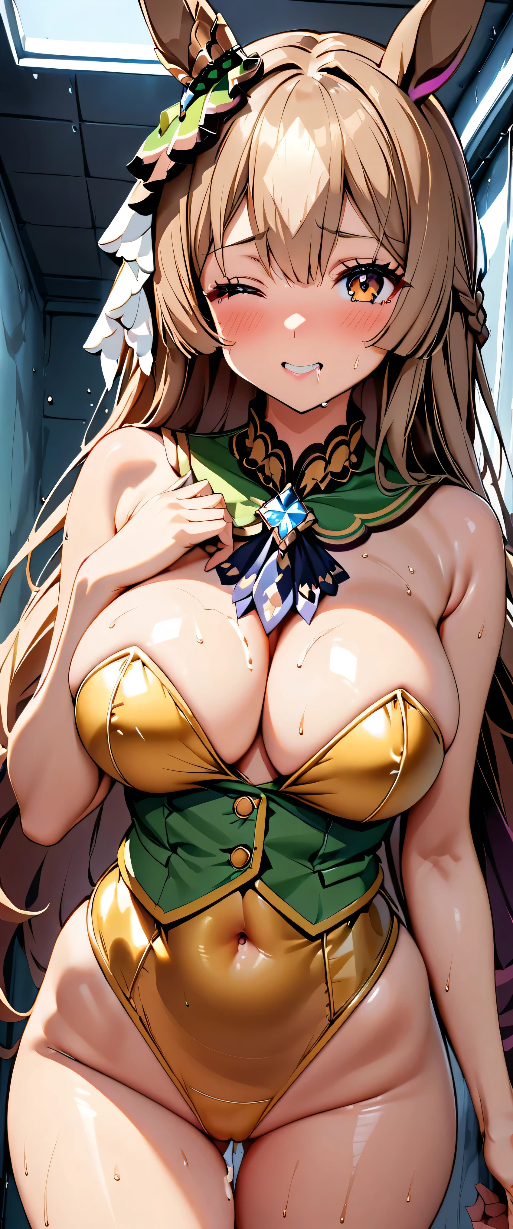 (Highest quality:1.2, Very detailed, High detail, Ultra-high resolution, High Contrast, masterpiece:1.2, Highest quality, Best aesthetics), (Small face), (Very detailedな肌:1.2), ((1girl, satono diamond \(umamusume\), umamusume)), (Slim figure:1.4, Woman with slim body and large breasts), Beautiful Eyes, Glossy lips, Glowing Skin, Beautiful thighs, Embarrassing, blush, Lovely, Close one eye and close mouth, With tears in her eyes , drooling, goldmetallic bunnysuit , Mature Body, Perfect Fingers, Five Fingers, (Shower room, I take a shower), Water droplets on the glass,(((cum,cumshot))),spread legs