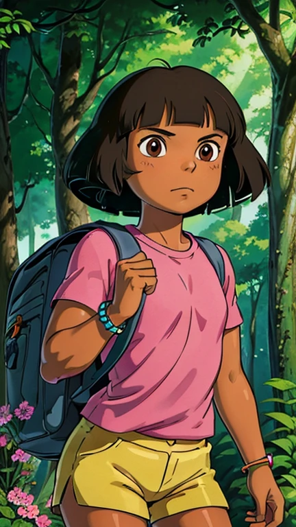 (8k),(masterpiece),(1girl),(Misty),From the front,focus on upper body,symmetrical composition,ghibli style,forest, outdoor,, ghibli background,1girl, dora, pink shirt, shorts, bracelet,backpack, brown eyes, flower, dark-skinned female, (tan), bob cut, 