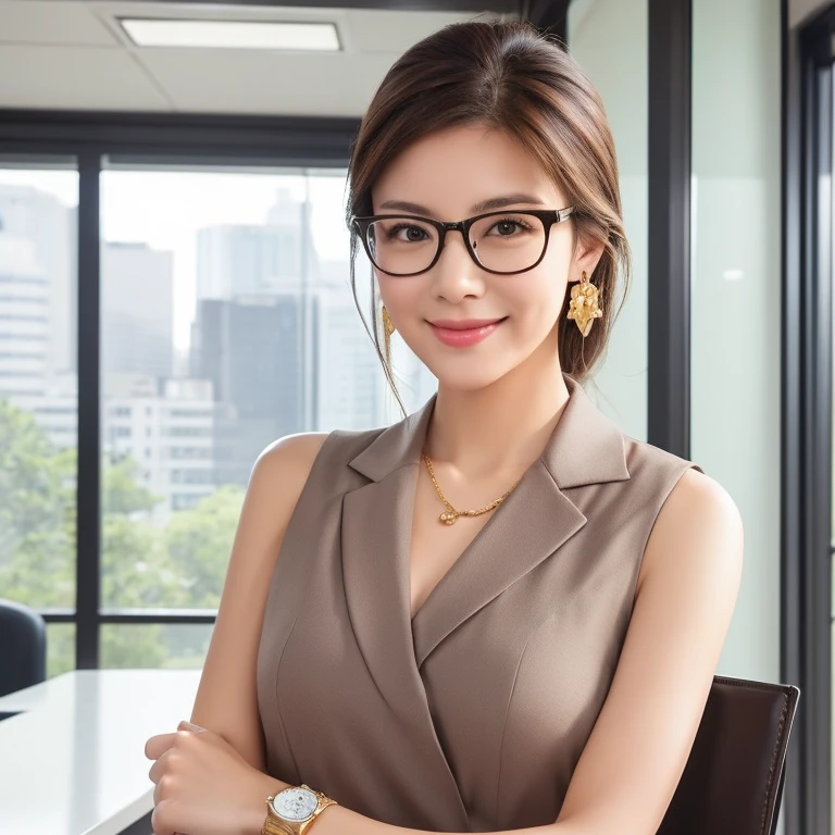 Generate realistic images of professional businesswomen in a modern office environment。Smooth, shoulder-length dark brown hair with subtle highlights、She wears stylish glasses with thin frames.。She was wearing a fitted, sleeveless grey wrap dress.、She accessorizes with gold earrings and a matching watch.。Holding a brown clipboard on his chest、A warm and confident smile。The bust is small。In the background、Natural light coming in through large windows、Modern Office Furniture、And you'll see a clean and organized workspace.。A person standing in a natural landscape, full-body shot showing from head to knees, wearing casual clothes. The background should feature a scenic environment, such as a forest or beach, with bright daylight illuminating the scene.