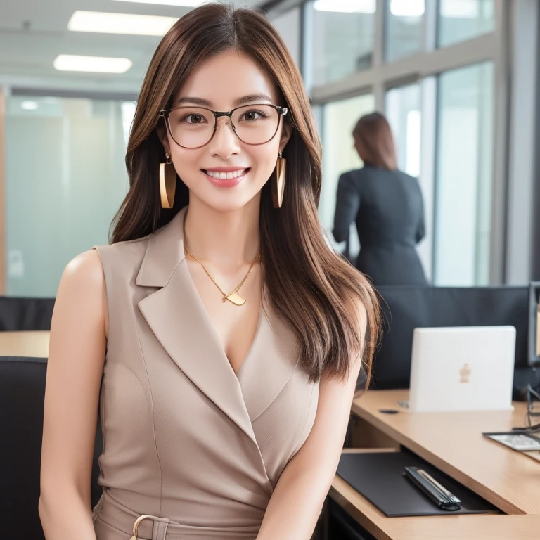 Generate realistic images of professional businesswomen in a modern office environment。Smooth, shoulder-length dark brown hair with subtle highlights、She wears stylish glasses with thin frames.。She was wearing a fitted, sleeveless grey wrap dress.、She accessorizes with gold earrings and a matching watch.。Holding a brown clipboard on his chest、A warm and confident smile。The bust is small。In the background、Natural light coming in through large windows、Modern Office Furniture、And you&#39;ll see a clean and organized workspace.。A person standing in a natural landscape, full-body shot showing from head to knees, wearing casual clothes. The background should feature a scenic environment, such as a forest or beach, with bright daylight illuminating the scene.
